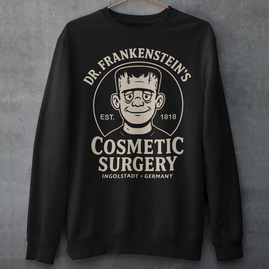 Bring classic horror and dark humor together with our Dr. Frankenstein’s Cosmetic Surgery sweatshirt — a cozy, retro-style design featuring a cartoonish Frankenstein’s monster and vintage badge artwork. Perfect for fans of classic monsters, gothic aesthetics, and clever parody, this shirt delivers comfy warmth with a bold, tongue-in-cheek twist. Whether you’re dressing for spooky season, horror-themed events, or just love unique graphic apparel, this shirt makes an eye-catching statement.