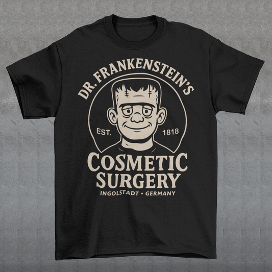Bring classic horror and dark humor together with our Dr. Frankenstein’s Cosmetic Surgery t-shirt — a cozy, retro-style design featuring a cartoonish Frankenstein’s monster and vintage badge artwork. Perfect for fans of classic monsters, gothic aesthetics, and clever parody, this shirt delivers comfy warmth with a bold, tongue-in-cheek twist. Whether you’re dressing for spooky season, horror-themed events, or just love unique graphic apparel, this shirt makes an eye-catching statement.