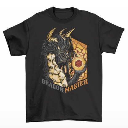 Black t-shirt of a dragon holding an rpg dice with text underneath "DRAGON MASTER".