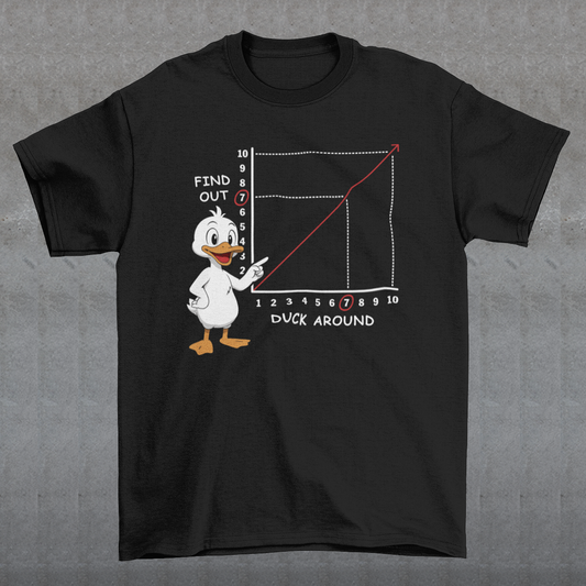 Duck Around Find Out T-Shirt - Funny Duck Shirt - Meme Humor Tee. Black t-shirt featuring a cartoon duck pointing at a graph with a rising red line. The chart includes numbers and labels reading “Find Out” on the vertical axis and “Duck Around” on the horizontal axis, with the number 7 highlighted. The design is a humorous visual pun based on a popular phrase, combining a cute duck illustration with a witty, sarcastic chart style.