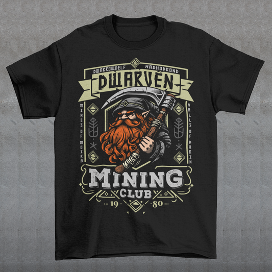 Join the ranks of the underground elite with our Dwarven Mining Club t-shirt! Featuring a bold illustration of a rugged dwarf — pickaxe in hand, beard thick with grit, and a steely glint in his eye — this design is perfect for fans of fantasy, adventure, and all things dwarven. The distressed DWARVEN MINING CLUB text gives it a vintage, hard-worn look, like it’s seen years of digging deep into the earth. Whether you're gaming, cosplaying, or just showing off your love for the stoutest race in fantasy lore, 
