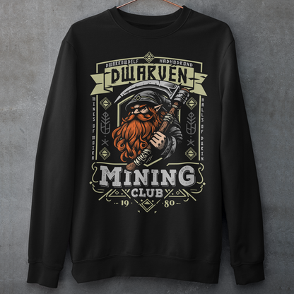 Join the ranks of the underground elite with our Dwarven Mining Club sweatshirt! Featuring a bold illustration of a rugged dwarf — pickaxe in hand, beard thick with grit, and a steely glint in his eye — this design is perfect for fans of fantasy, adventure, and all things dwarven. The distressed DWARVEN MINING CLUB text gives it a vintage, hard-worn look, like it’s seen years of digging deep into the earth. Whether you're gaming, cosplaying, or just showing off your love for the stoutest race in fantasy lor