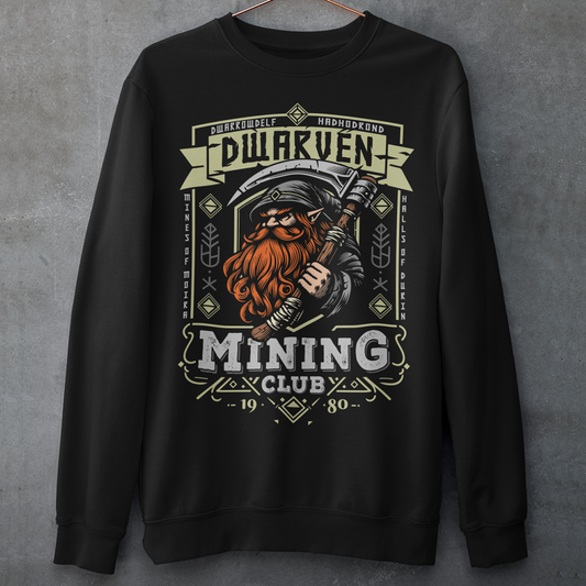 Join the ranks of the underground elite with our Dwarven Mining Club sweatshirt! Featuring a bold illustration of a rugged dwarf — pickaxe in hand, beard thick with grit, and a steely glint in his eye — this design is perfect for fans of fantasy, adventure, and all things dwarven. The distressed DWARVEN MINING CLUB text gives it a vintage, hard-worn look, like it’s seen years of digging deep into the earth. Whether you're gaming, cosplaying, or just showing off your love for the stoutest race in fantasy lor