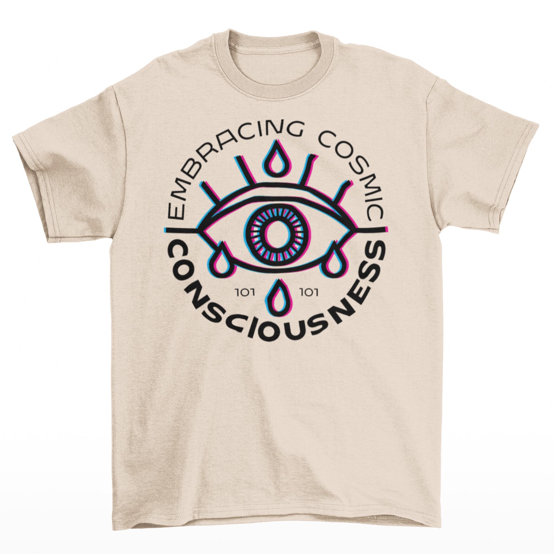 Cream t-shirt of a glitched eye with text around "EMBRACING COSMIC CONSCIOUSNESS".