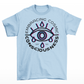 Light Blue t-shirt of a glitched eye with text around "EMBRACING COSMIC CONSCIOUSNESS".