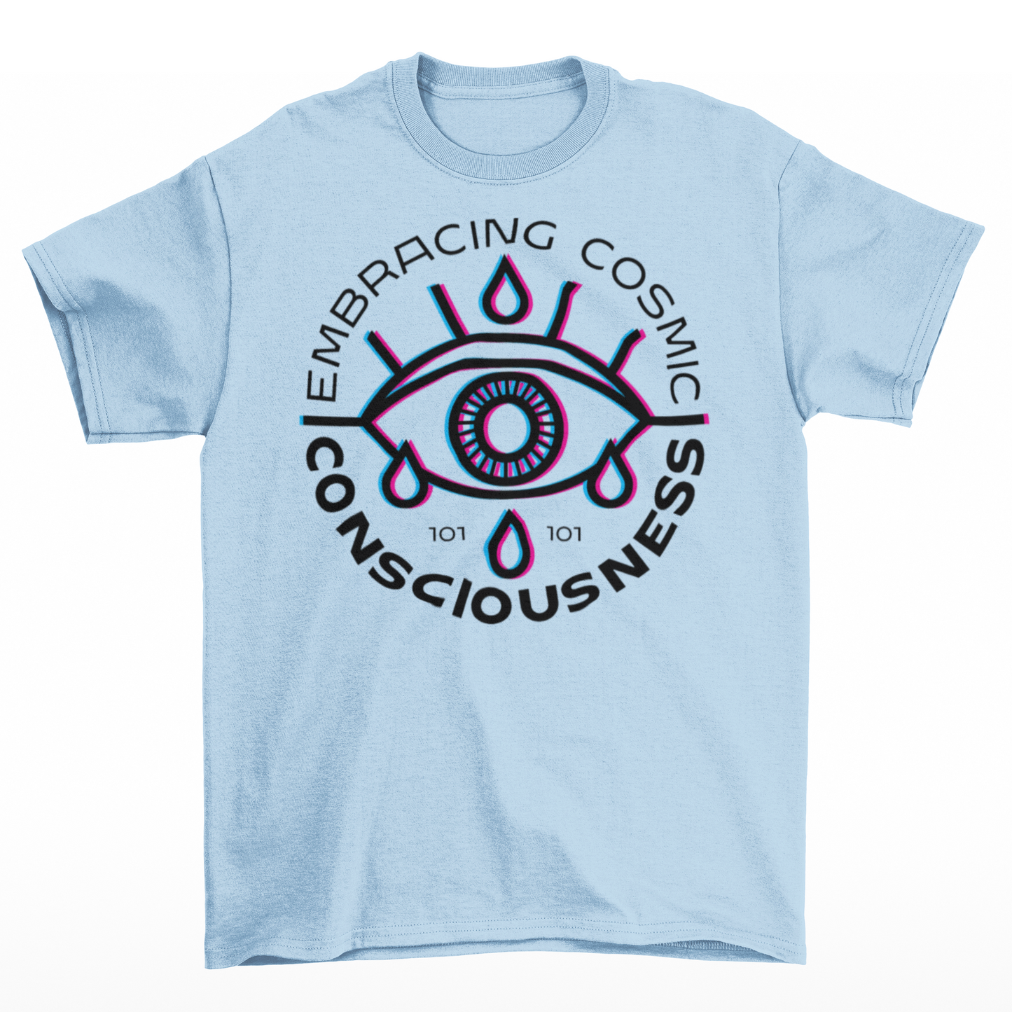 Light Blue t-shirt of a glitched eye with text around "EMBRACING COSMIC CONSCIOUSNESS".