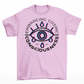 Pink t-shirt of a glitched eye with text around "EMBRACING COSMIC CONSCIOUSNESS".