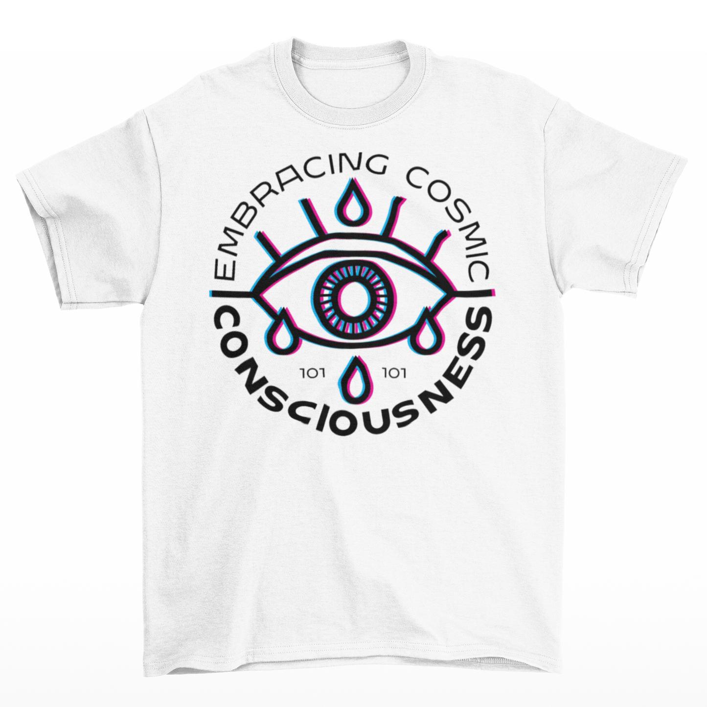 White t-shirt of a glitched eye with text around "EMBRACING COSMIC CONSCIOUSNESS".