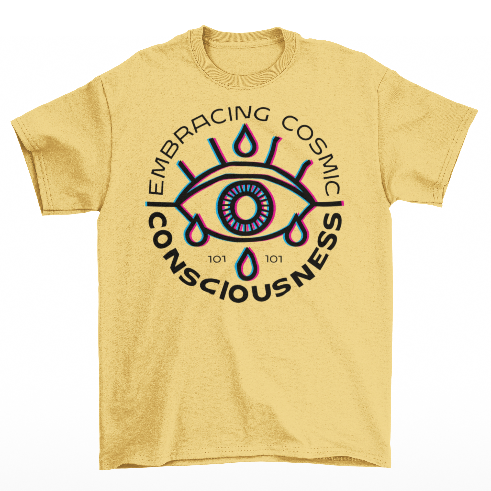 Yellow t-shirt of a glitched eye with text around "EMBRACING COSMIC CONSCIOUSNESS".