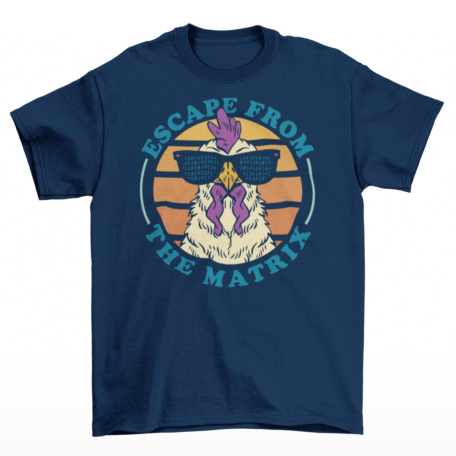 Navy t-shirt with a rooster in sunglasses in front of a retro sunset with text "ESCAPE FROM THE MATRIX".