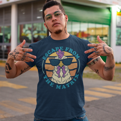 Introducing our vibrant and captivating "Escape from the Matrix" t-shirt, a perfect blend of retro aesthetics and contemporary style. This unique design features a confident rooster sporting stylish sunglasses, set against a backdrop of a mesmerizing retro sunset. The rooster, with its proud stance and suave demeanor, symbolizes breaking free from conformity and embracing individuality. Its sunglasses exude an air of mystery and rebelliousness.