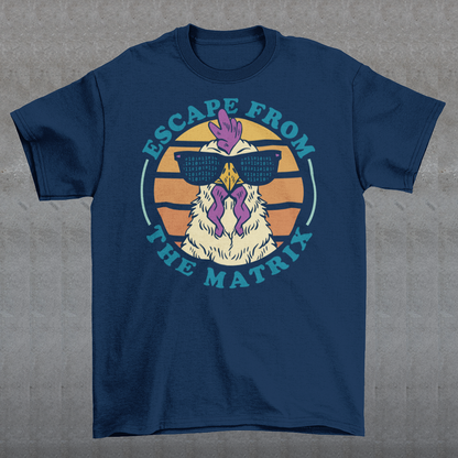 Introducing our vibrant and captivating "Escape from the Matrix" t-shirt, a perfect blend of retro aesthetics and contemporary style. This unique design features a confident rooster sporting stylish sunglasses, set against a backdrop of a mesmerizing retro sunset. The rooster, with its proud stance and suave demeanor, symbolizes breaking free from conformity and embracing individuality. Its sunglasses exude an air of mystery and rebelliousness.