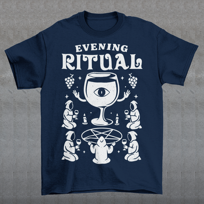 Navy t-shirt featuring a white occult-style graphic with the text “Evening Ritual.” Design shows hooded figures gathered around a pentagram performing a ritual with wine glasses, candles, grapes, and a large mystical wine goblet with an eye symbol. Spooky gothic and illuminati-inspired humor combined with wine lover aesthetics.