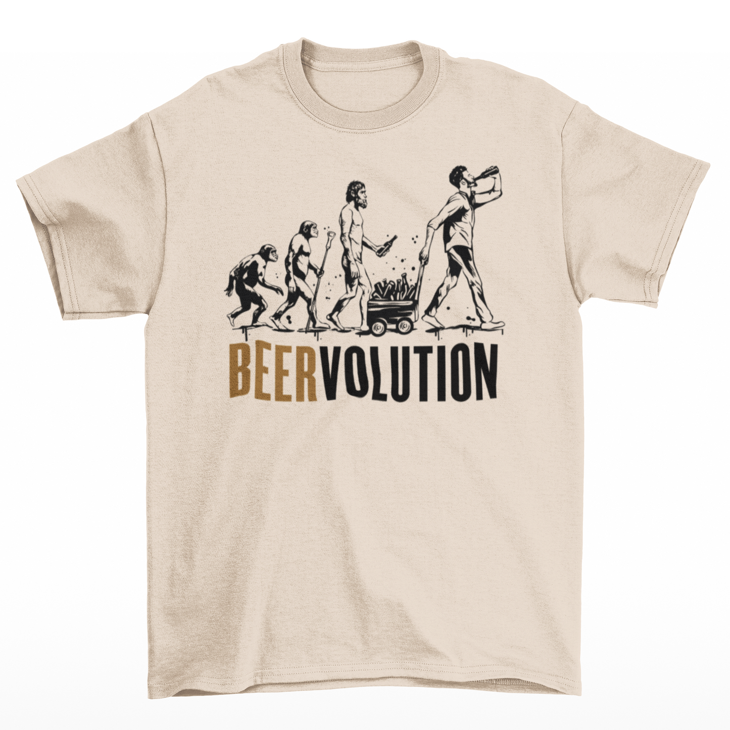 Cream t-shirt of evolution of beer with text "BEERVOLUTION".