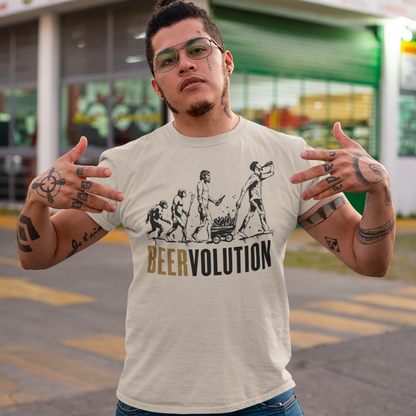 Introducing the ultimate tribute to the centuries-old journey of brewing excellence, the "BEERVOLUTION" t-shirt! This iconic piece showcases the rich heritage and the dynamic evolution of beer, celebrating its global significance and everlasting appeal. Across the chest, the bold text "BEERVOLUTION" commands attention, serving as a rallying cry for beer enthusiasts and connoisseurs alike.