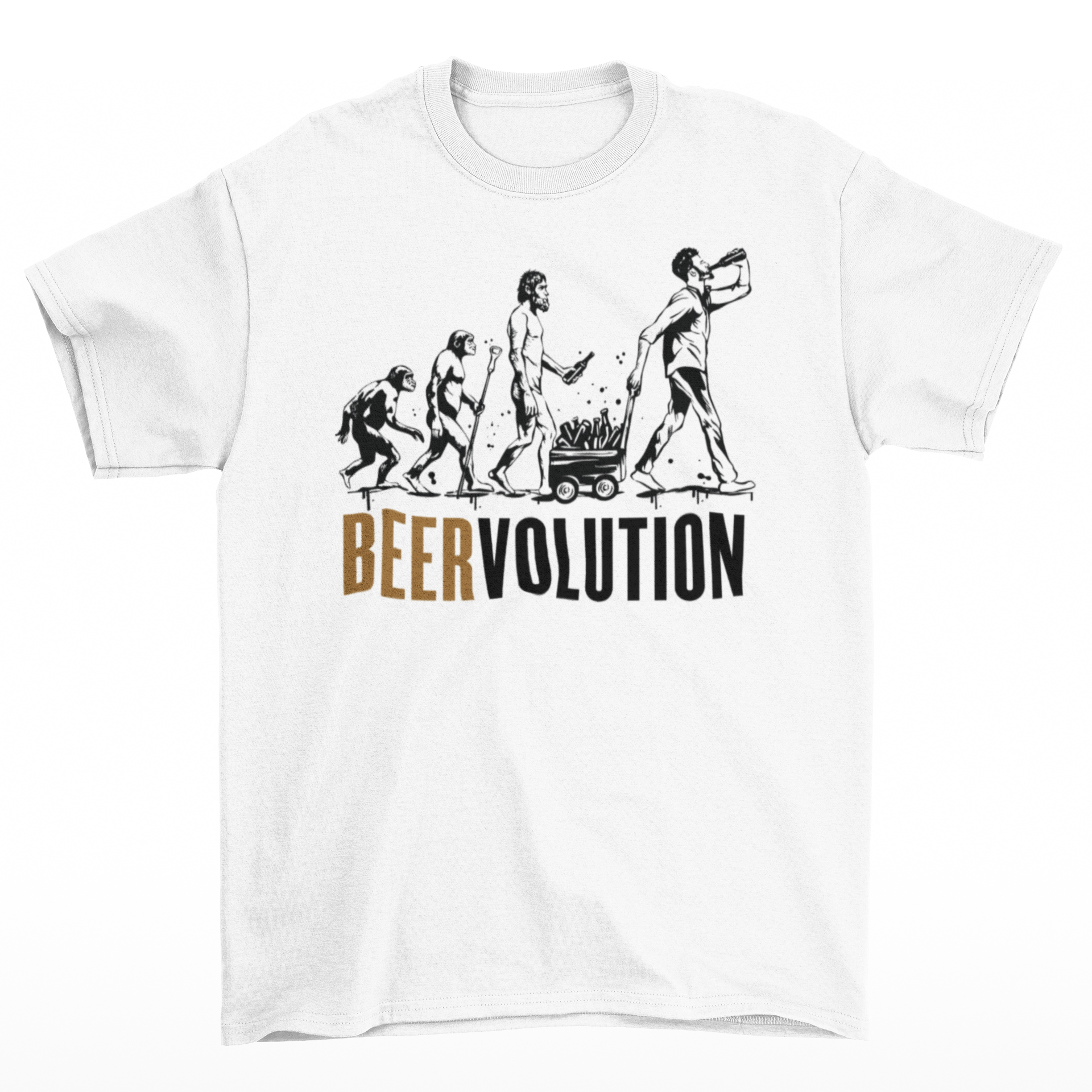 White t-shirt of evolution of beer with text "BEERVOLUTION".