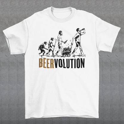 Introducing the ultimate tribute to the centuries-old journey of brewing excellence, the "BEERVOLUTION" t-shirt! This iconic piece showcases the rich heritage and the dynamic evolution of beer, celebrating its global significance and everlasting appeal. Across the chest, the bold text "BEERVOLUTION" commands attention, serving as a rallying cry for beer enthusiasts and connoisseurs alike.