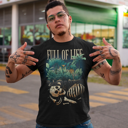 Introducing our captivating "Full of Life" T-shirt, where the beauty of nature intertwines with a touch of mystery. This unique design features a stunning depiction of lush plants flourishing over a buried skeleton, creating a striking visual contrast. The intricate artwork showcases the circle of life and the resilience of nature as it reclaims what was once lost. The vibrant green foliage and delicate flowers symbolize growth, renewal, and the everlasting cycle of existence.