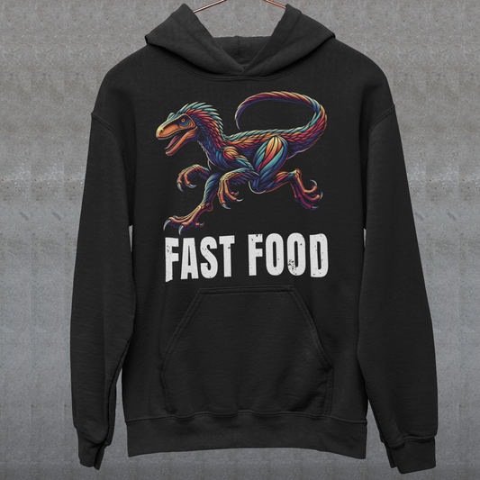 Black hoodie of a raptor with text underneath FAST FOOD.