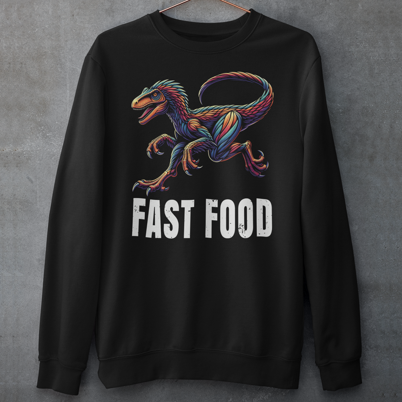 Black sweatshirt of a raptor with text underneath FAST FOOD.