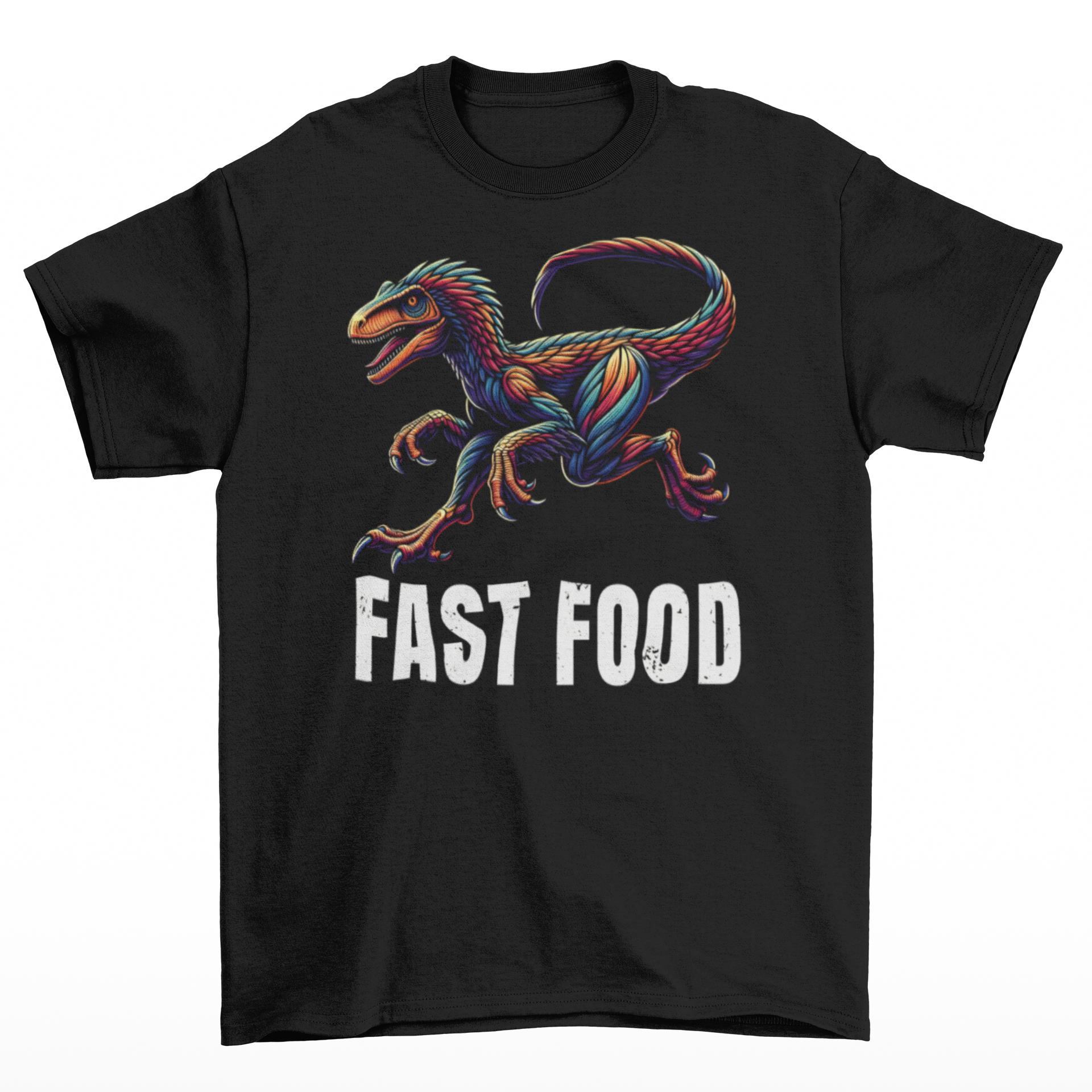 Black t-shirt of a raptor with text underneath FAST FOOD.