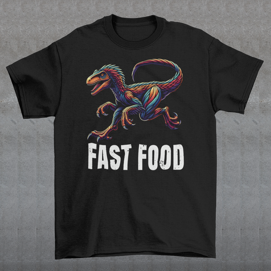 Introducing our "Fast Food Raptor" T-shirt, where prehistoric power meets modern humor! This unique design features a dynamically illustrated raptor in mid-chase, showcasing its legendary speed and agility. Beneath the fierce yet playful raptor, bold text reads "FAST FOOD," delivering a clever twist on the concept of quick bites. Perfect for dinosaur enthusiasts, humor lovers, and anyone who enjoys a good pun, this T-shirt combines vibrant artistry with a touch of wit.