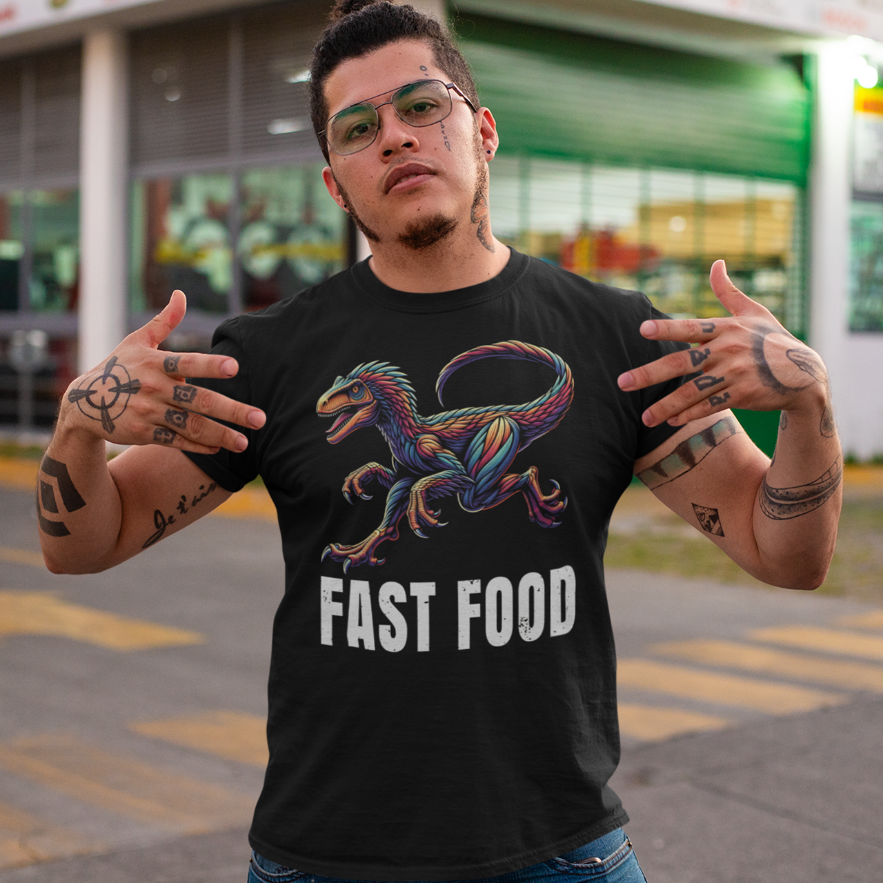 Black t-shirt of a raptor with text underneath FAST FOOD.