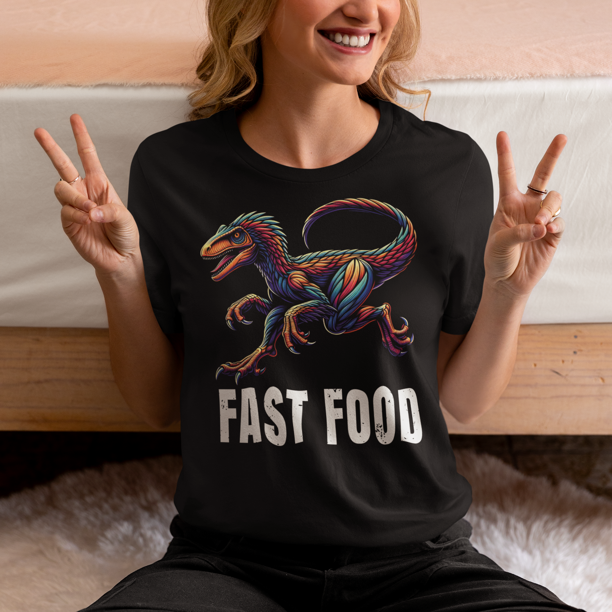 Black t-shirt of a raptor with text underneath FAST FOOD.