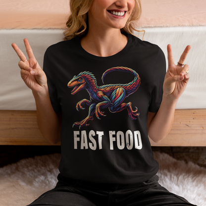 Introducing our "Fast Food Raptor" T-shirt, where prehistoric power meets modern humor! This unique design features a dynamically illustrated raptor in mid-chase, showcasing its legendary speed and agility. Beneath the fierce yet playful raptor, bold text reads "FAST FOOD," delivering a clever twist on the concept of quick bites. Perfect for dinosaur enthusiasts, humor lovers, and anyone who enjoys a good pun, this T-shirt combines vibrant artistry with a touch of wit.