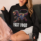 Black hoodie of a raptor with text underneath FAST FOOD.