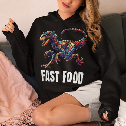 Black hoodie of a raptor with text underneath FAST FOOD.