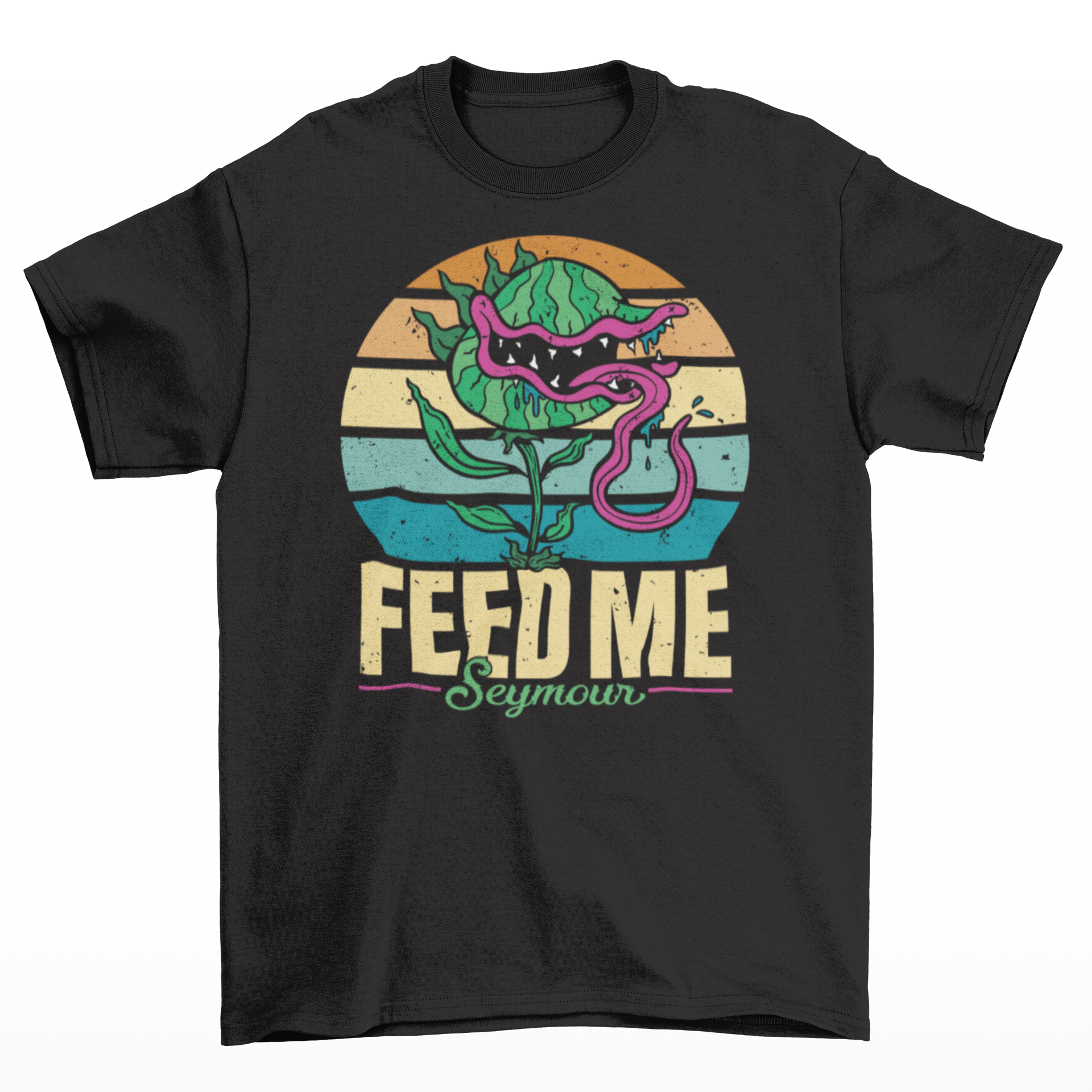 Black t-shirt of sentient carnivorous plant with a retro sun background with text underneath "FEED ME SEYMOUR".