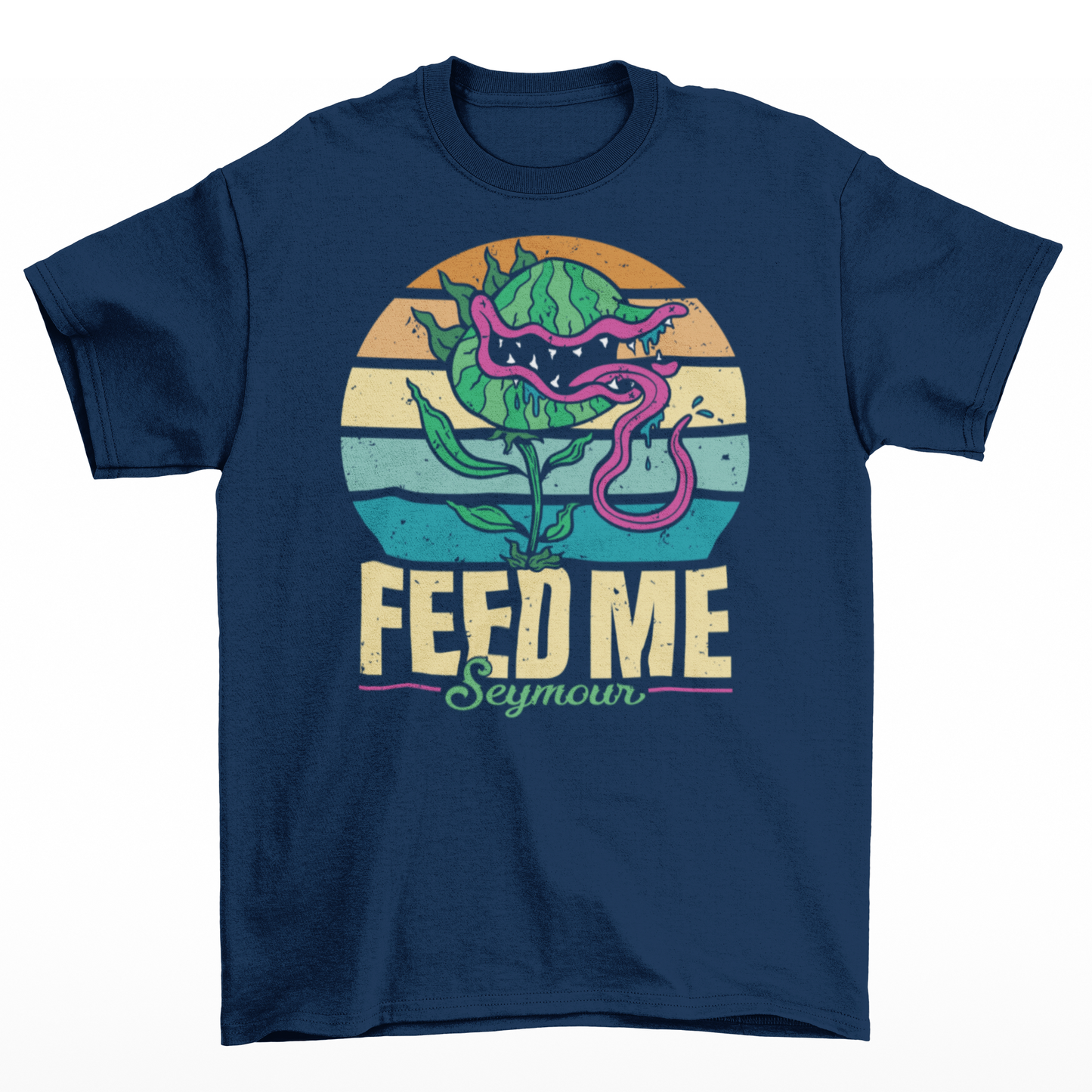 Navy t-shirt of sentient carnivorous plant with a retro sun background with text underneath "FEED ME SEYMOUR".