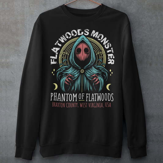 Black sweatshirt of the Flatwoods Monster with text above FLATWOODS MONSTER and text below PHANTOM OF FLATWOODS.