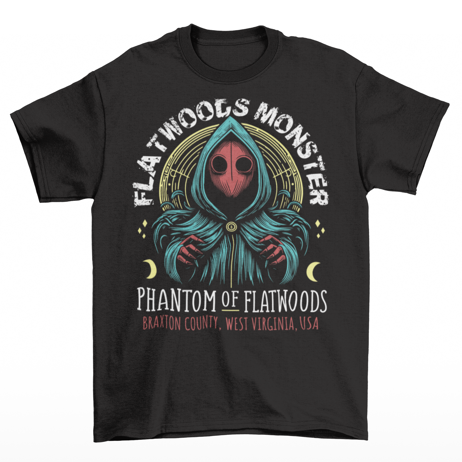 Black t-shirt of the Flatwoods Monster with text above FLATWOODS MONSTER and text below PHANTOM OF FLATWOODS.