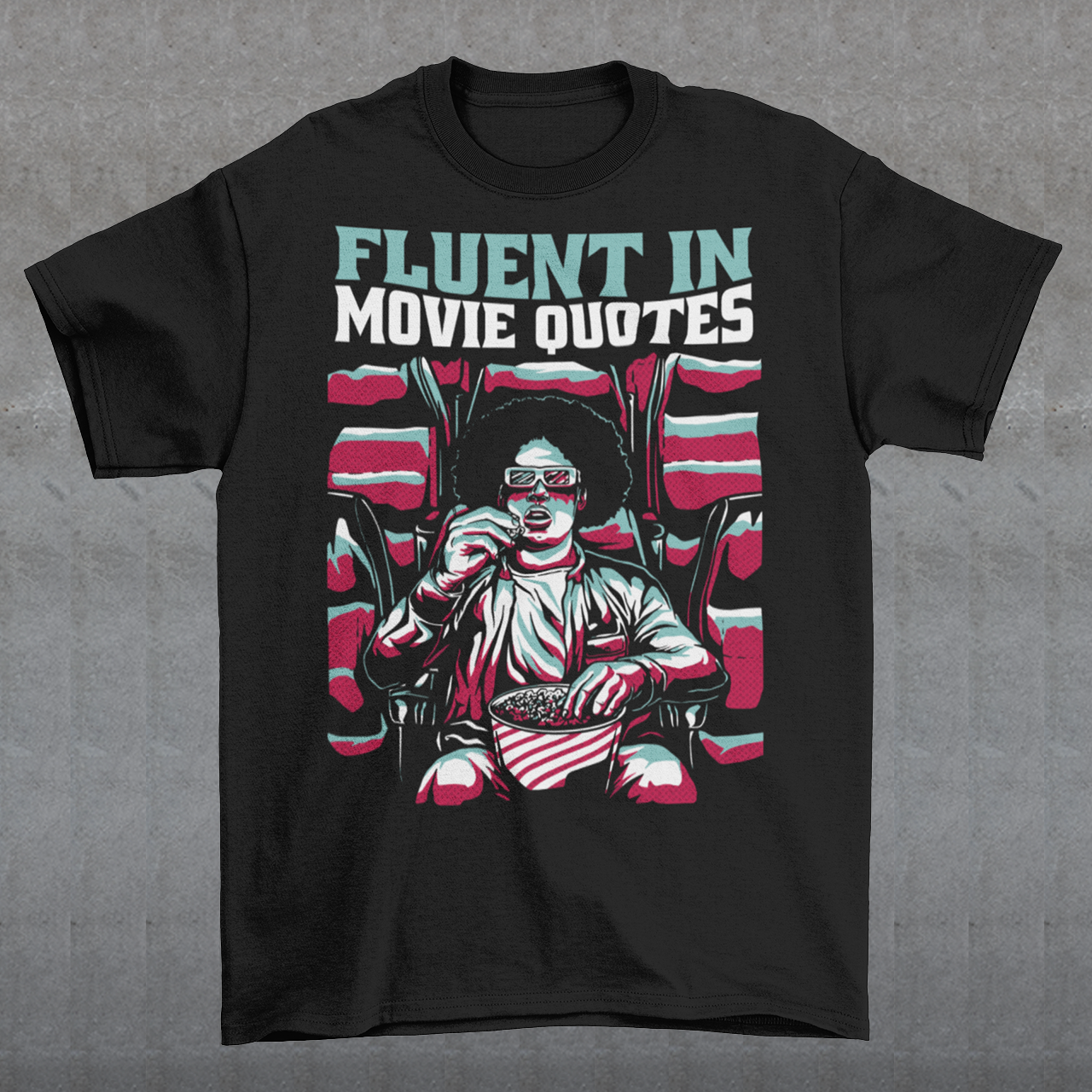 Introducing the "Fluent in Movie Quotes" T-Shirt, a must-have for all movie buffs and cinema enthusiasts! This unique and eye-catching design features a person wearing classic red and blue 3D glasses, fully immersed in a thrilling movie experience at the cinema. With a bucket of popcorn in hand, this individual is the epitome of a true film lover.