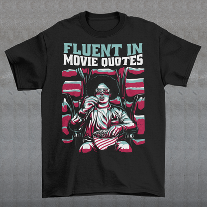 Introducing the "Fluent in Movie Quotes" T-Shirt, a must-have for all movie buffs and cinema enthusiasts! This unique and eye-catching design features a person wearing classic red and blue 3D glasses, fully immersed in a thrilling movie experience at the cinema. With a bucket of popcorn in hand, this individual is the epitome of a true film lover.