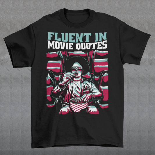 Introducing the "Fluent in Movie Quotes" T-Shirt, a must-have for all movie buffs and cinema enthusiasts! This unique and eye-catching design features a person wearing classic red and blue 3D glasses, fully immersed in a thrilling movie experience at the cinema. With a bucket of popcorn in hand, this individual is the epitome of a true film lover.