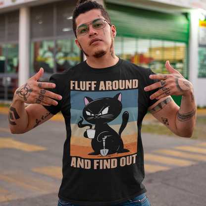 Introducing our retro-inspired "Fluff Around and Find Out" T-shirt – a purrfect blend of feline charm, caffeinated delight, and a touch of adventure! This whimsical design is a delightful addition to any cat lover's wardrobe. The words "FLUFF AROUND AND FIND OUT" boldly frame the scene, encouraging you to embrace life's mysteries and take chances. Whether you're a coffee enthusiast, a cat aficionado, or simply someone with a taste for retro aesthetics.