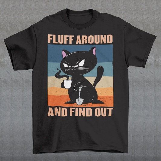 Introducing our retro-inspired "Fluff Around and Find Out" T-shirt – a purrfect blend of feline charm, caffeinated delight, and a touch of adventure! This whimsical design is a delightful addition to any cat lover's wardrobe. The words "FLUFF AROUND AND FIND OUT" boldly frame the scene, encouraging you to embrace life's mysteries and take chances. Whether you're a coffee enthusiast, a cat aficionado, or simply someone with a taste for retro aesthetics.