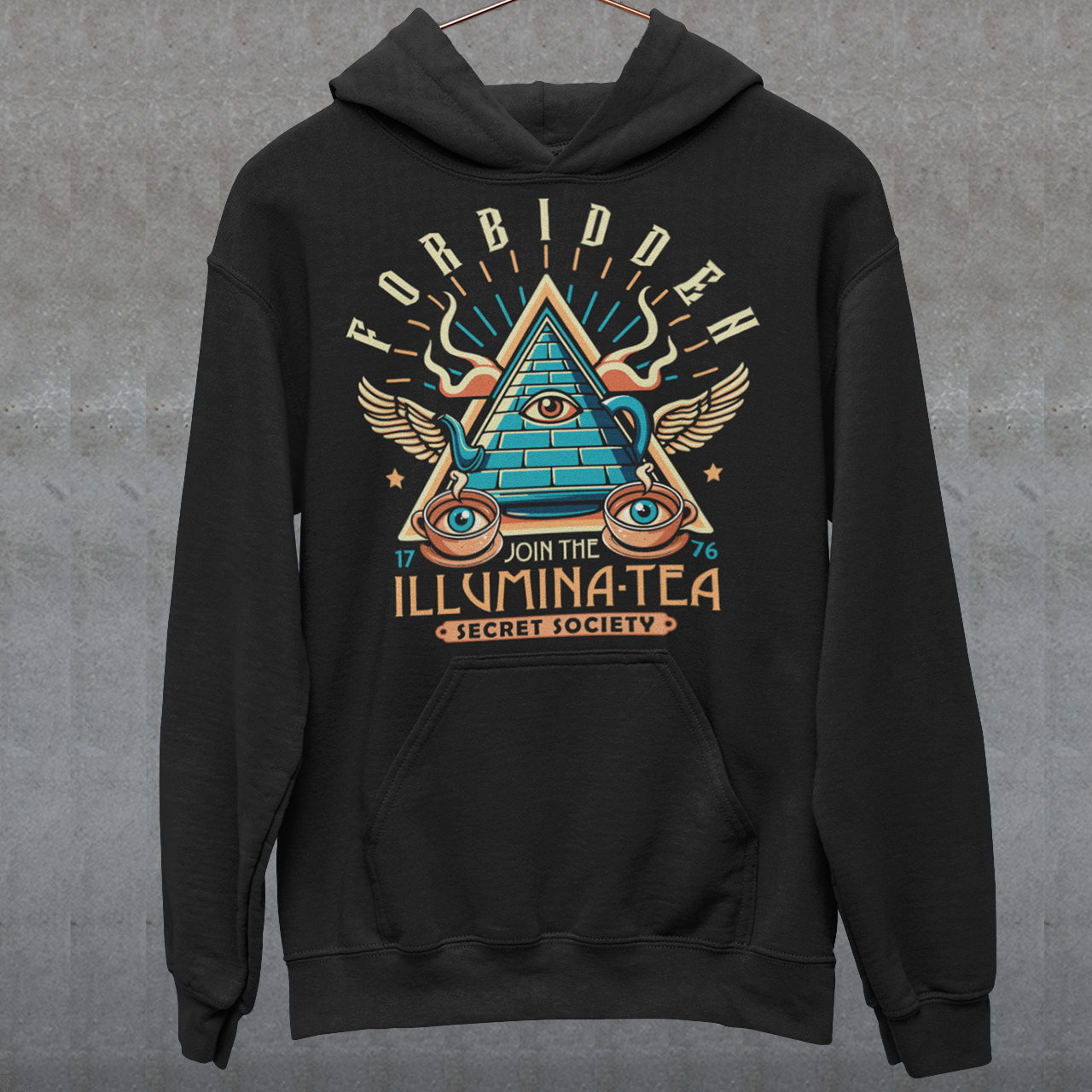 Black hoodie of an Illuminati tea pot and cups with text ILLUMINA-TEA.