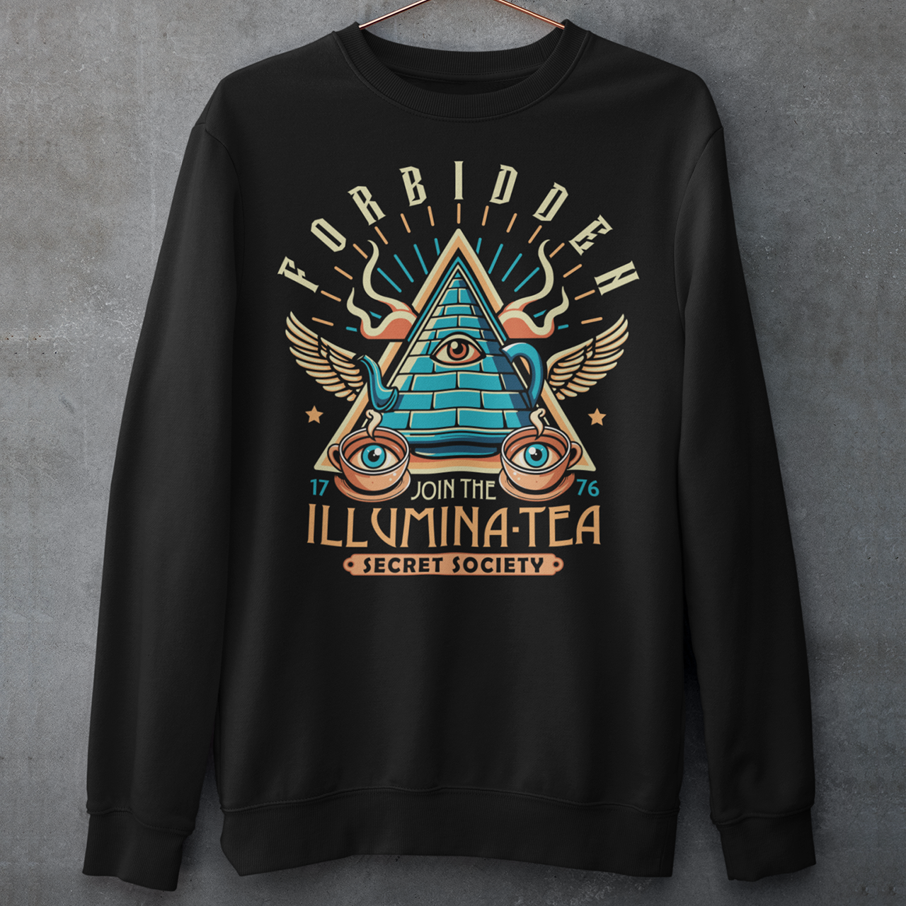 Black sweatshirt of an Illuminati tea pot and cups with text ILLUMINA-TEA.