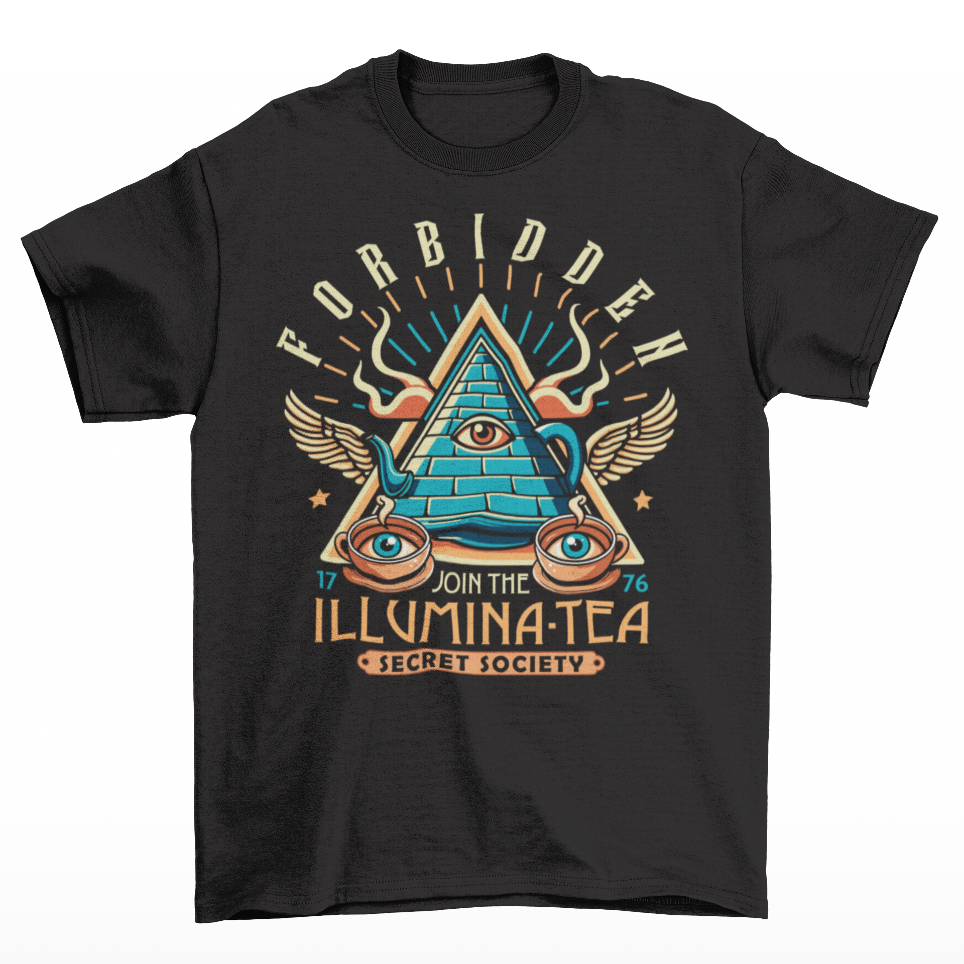 Black t-shirt of an Illuminati tea pot and cups with text ILLUMINA-TEA.