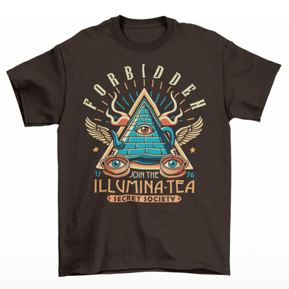 Brown t-shirt of an Illuminati tea pot and cups with text ILLUMINA-TEA.