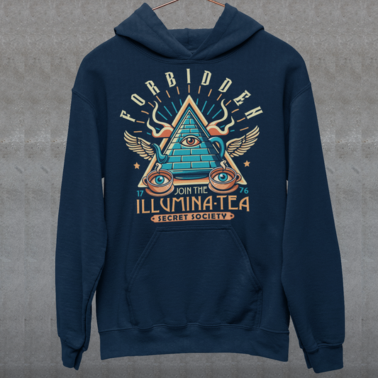 Navy hoodie of an Illuminati tea pot and cups with text ILLUMINA-TEA.