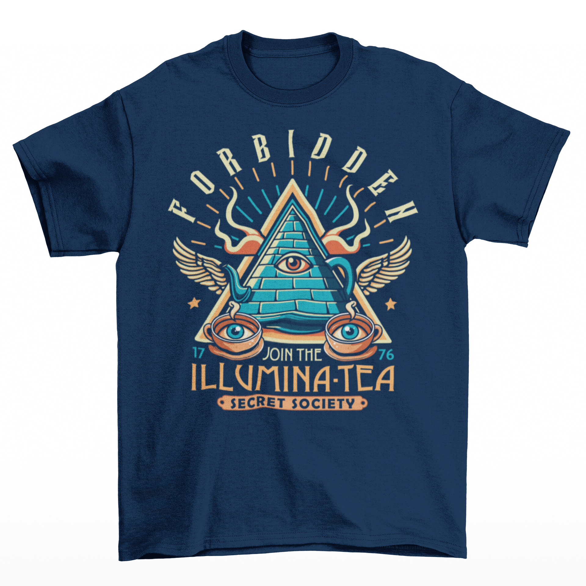 Navy t-shirt of an Illuminati tea pot and cups with text ILLUMINA-TEA.