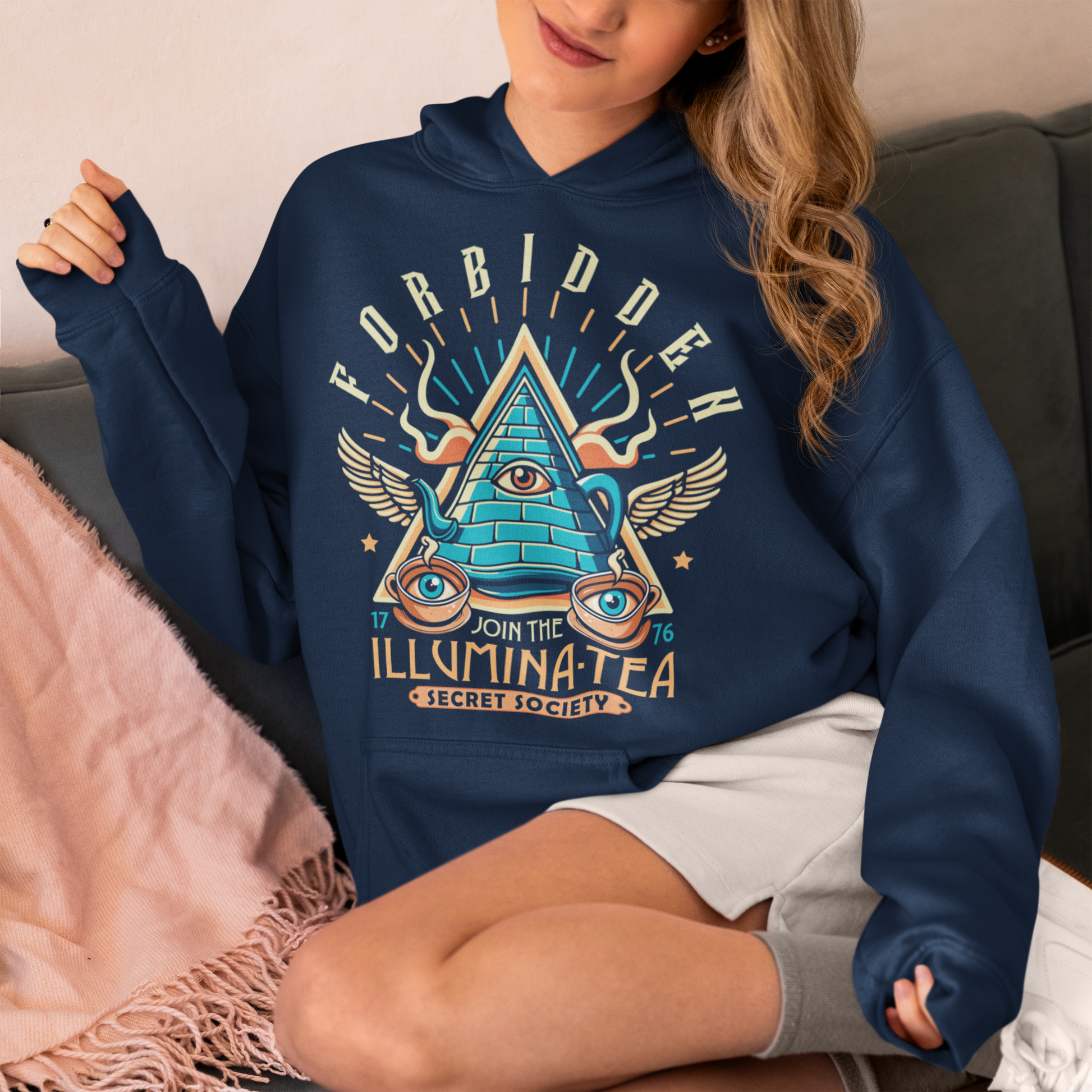 Navy hoodie of an Illuminati tea pot and cups with text ILLUMINA-TEA.