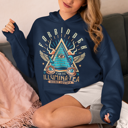 Step into the mysterious world of the Illuminati with this enigmatic hoodie featuring a captivating design of a tea pot and cups, each adorned with iconic Illuminati symbols. Delve into the depths of secrecy as you sip your tea, knowing that you possess the knowledge of the ages. With its clever wordplay, the text "ILLUMINA-TEA" adds a playful twist, inviting intrigue and curiosity from those around you. Whether you're a conspiracy enthusiast or simply appreciate a good cup of tea, this shirt is sure to spa