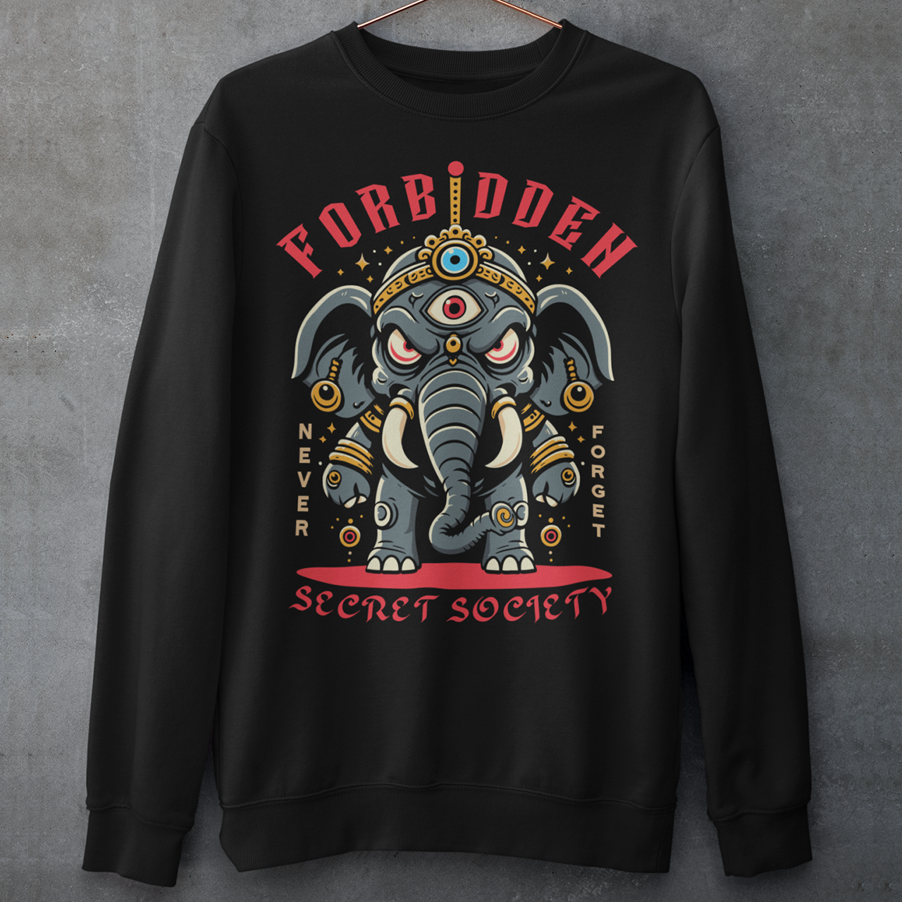 Black sweatshirt of an Illuminati elephant with a third eye with text FORBIDDEN SECRET SOCIETY.