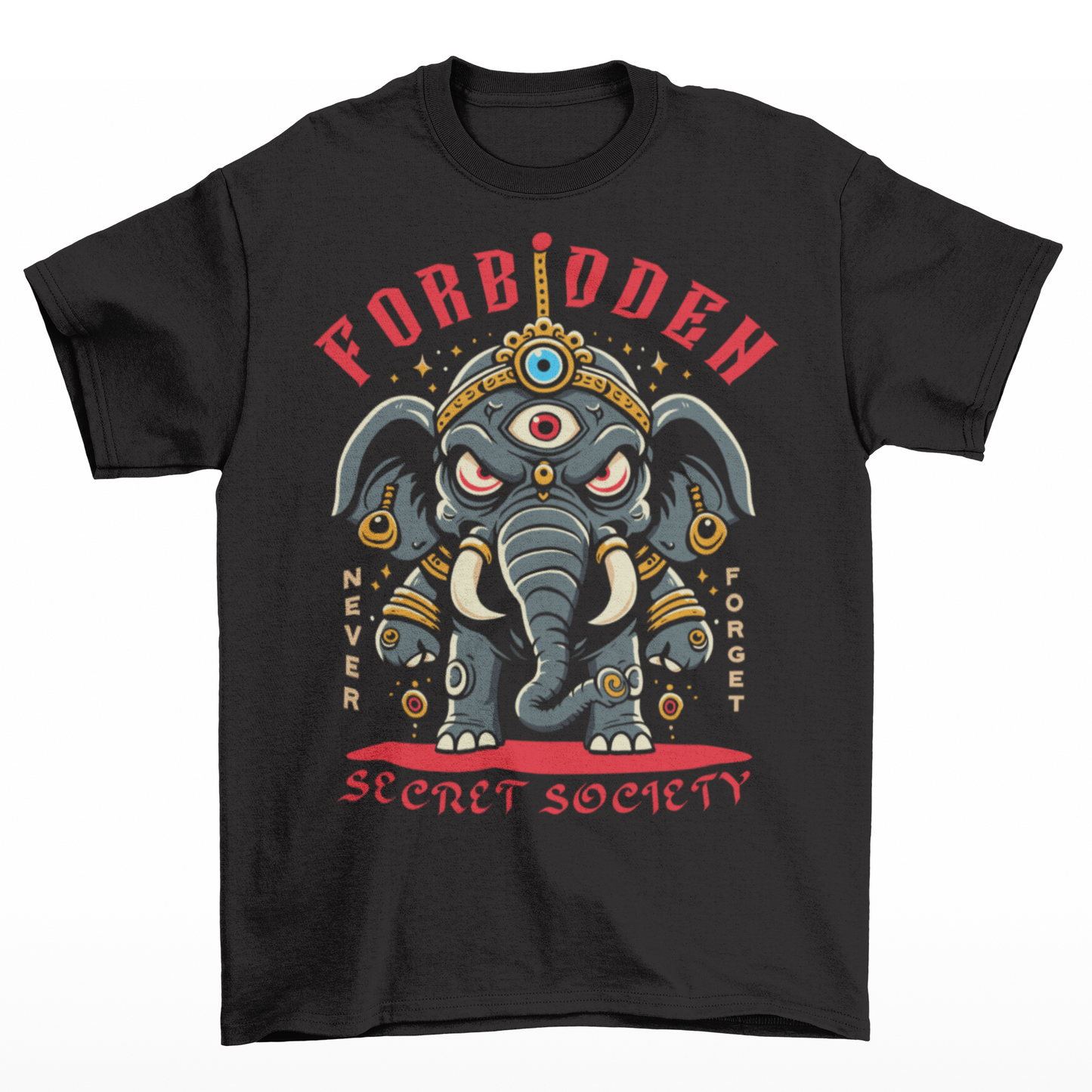 Black t-shirt of an Illuminati elephant with a third eye with text FORBIDDEN SECRET SOCIETY.